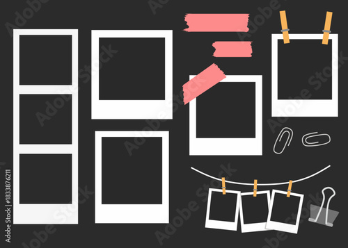A set of Polaroid photo frames, adhesive tape, clips, and hanging photo elements. Perfect for scrapbooking, collage designs, memorabilia, mockups, and creative graphic decorations.