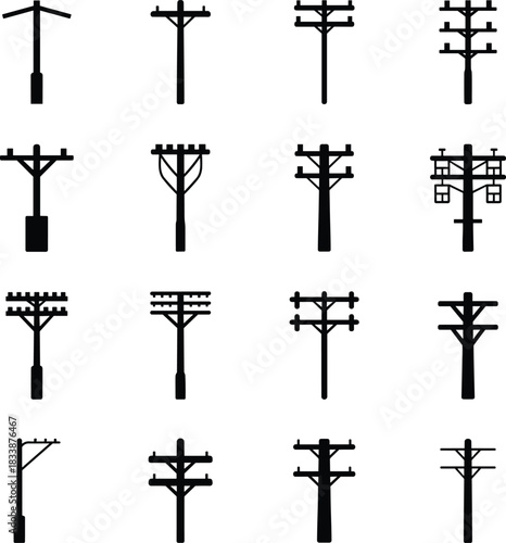 Assortment of black silhouette icons depicting different utility pole designs and configurations Keywords: utility pole, power