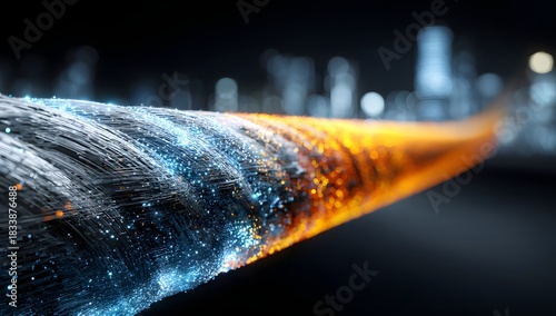 Abstract swirling vortex of vibrant blue and fiery orange light trails against a blurred cityscape backdrop symbolizing data flow and technological advancement