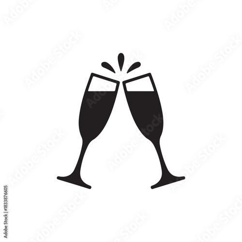 Minimalist black silhouette icon depicting two elegant champagne flutes clinking together in a joyous toast, symbolizing celebration, success, and happy events