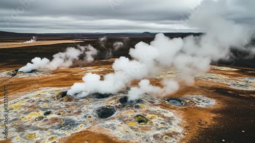 Geothermal Area with Steam Vents and Colorful Earth.