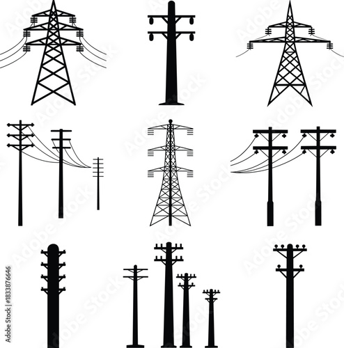 Collection of Black Silhouettes of Electrical Transmission Towers and Poles Keywords: electricity, power, transmission, tower