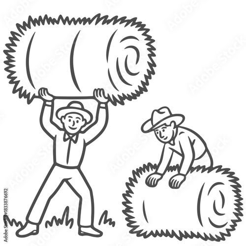 two men are carrying hay bales in the field