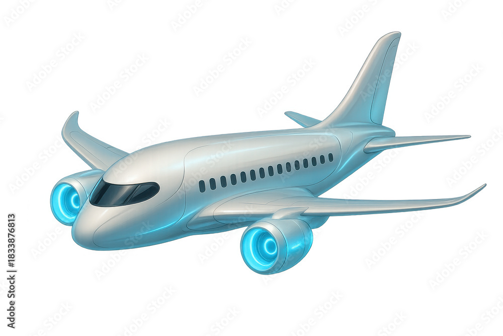 Fototapeta premium Futuristic passenger airplane flying, symbolizing global travel, advanced technology, innovation, and modern aviation transport