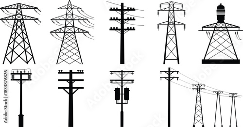 Collection of Black Silhouettes of Electricity Transmission Towers and Poles power