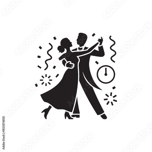 Elegant couple in a tuxedo and gown ballroom dancing at a midnight party, a vector icon for a gala or celebration