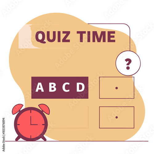 Flat vector illustration of a quiz interface and alarm clock for contests or educational tests