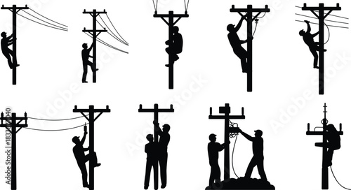 Electricians Climbing Utility Poles Silhouettes vector illustration