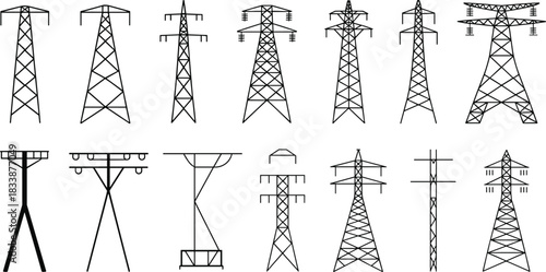 Collection of various electricity pylon and power line tower designs in black and white transmission