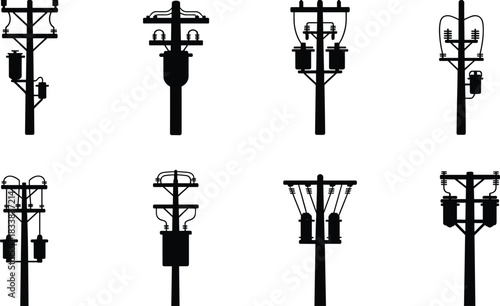Electricity Utility Poles with Transformers Silhouettes vector illustration