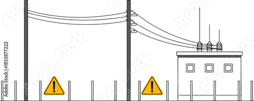 Electricity poles with transformer and warning signs on white background power substation