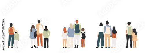 Parents with kids together. Multicultural group of mothers and fathers with children wearing backpacks. 