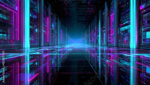 Vibrant futuristic cityscape with towering neon illuminated structures reflecting on a wet polished surface creating an immersive digital environment