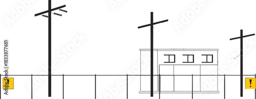 Illustration of utility poles, a house, and warning signs along a horizontal line Keywords: utility pole, house, building, power