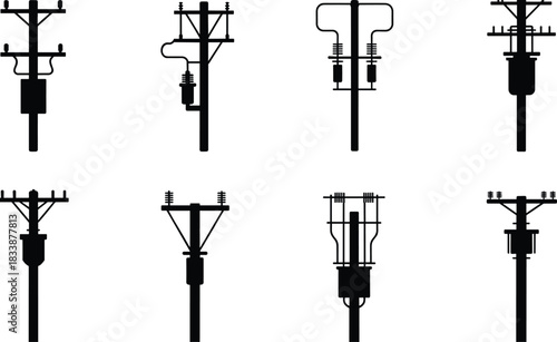 Set of Black Silhouettes of Electrical Utility Poles with Equipment and Wires Keywords: electricity, power, pole, utility