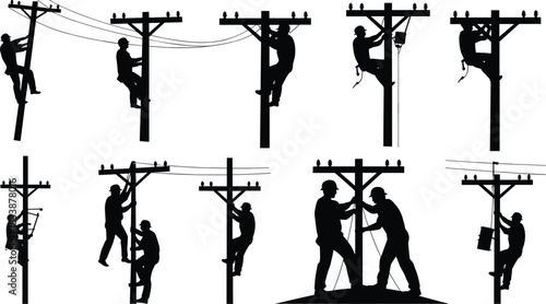 Silhouettes of electricians working on utility poles and power lines worker