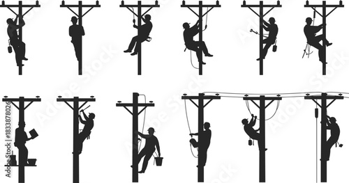 Silhouettes of linemen climbing and working on utility poles with tools Keywords: lineman, silhouette, utility pole, climbing