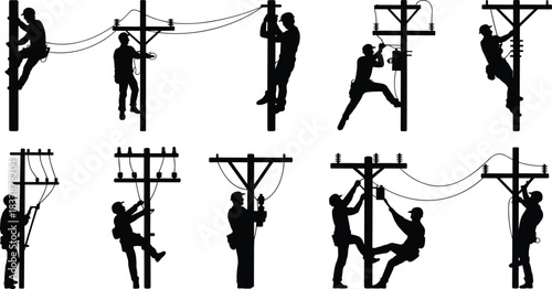 Silhouettes of linemen climbing and working on utility poles with wires Keywords: lineman, electrician, utility pole, power line