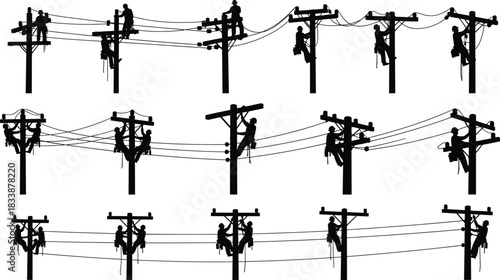 Silhouettes of linemen working on utility poles with power lines lineman electrician