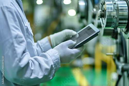 Close-up of Japanese factory worker hands wearing white gloves using digital tablet for data management in smart manufacturing plant