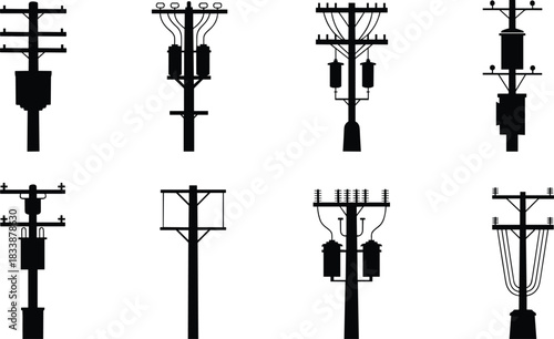 Silhouettes of utility poles with transformers, insulators, and electrical equipment Keywords: utility pole, power line