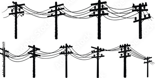 Silhouettes of utility poles with tangled and organized power lines and cables Keywords: utility pole, silhouette, power line