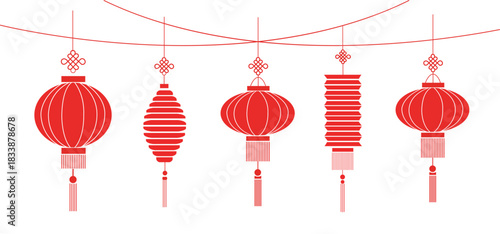 Red chinese lantern set. Traditional hanging festival decoration vector