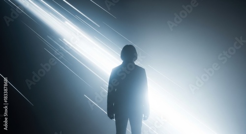 Silhouette of a person standing in bright light with streaks.