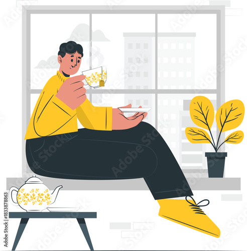 Man drinking tea sitting on windowsill with plant and teapot coffee