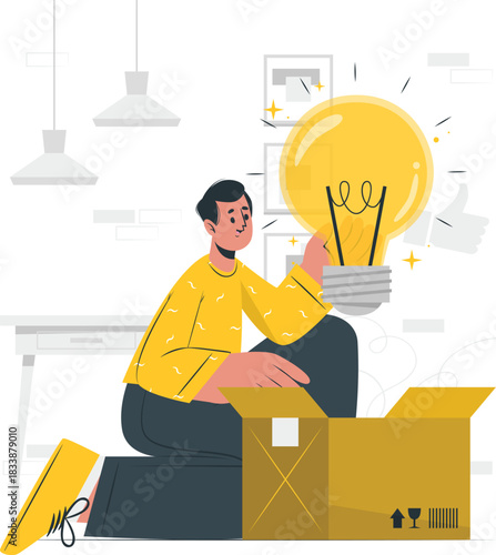 Man holding a glowing light bulb from an open box with thumbs up person idea