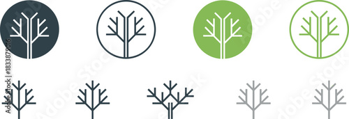 Stylized tree icons in circles and linear formats with color variations symbol nature