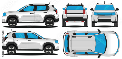 Crossover car vector. Car mockup illustration of a panda vector. Isolated on white background. Side, front, rear and top views