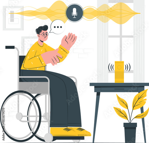 Man in wheelchair using voice assistant with sound waves and smart speaker disability accessibility