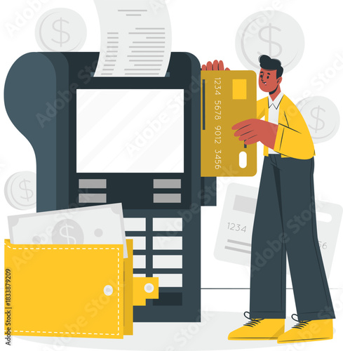 Man paying with credit card at point of sale terminal with wallet payment transaction