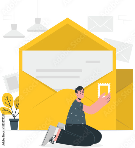 Man places stamp on large yellow envelope with mail icons letter post