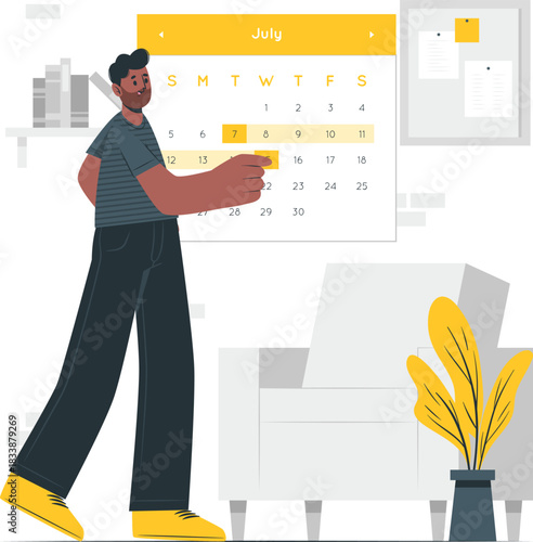 Man pointing at a calendar date in July appointment