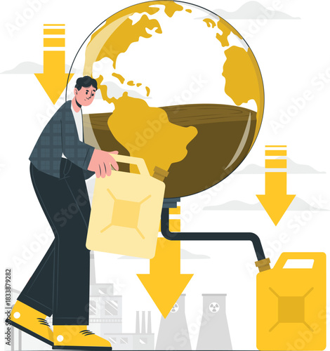 Man pouring liquid from globe into jerrycan with factory background earth planet