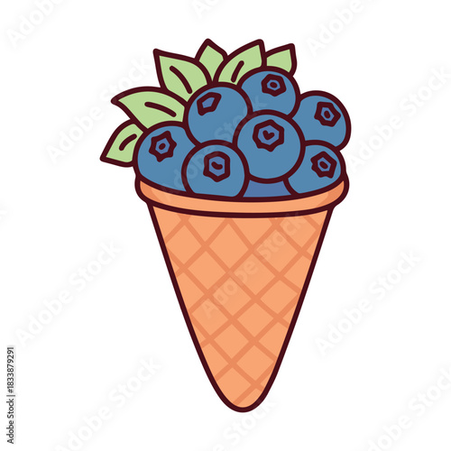 A waffle cone filled to the brim with fresh whole blueberries and mint leaves. A healthy fruit snack alternative to ice cream.