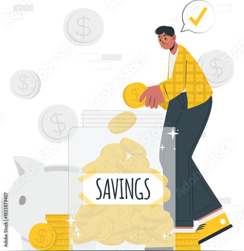 Man putting coin in piggy bank with savings jar and dollar signs Keywords: saving, money