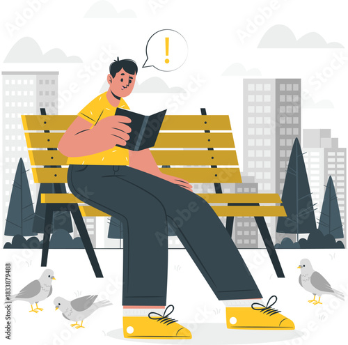 Man Reading Book on Park Bench with Birds Keywords: man, reading, book, park, bench, sitting