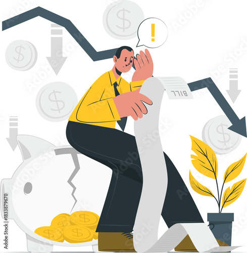 Man Sitting On Broken Piggy Bank With Falling Coins And Bill cracked money