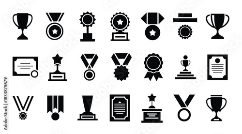 Award, Winning & Trophy cup icon set. Champion symbol. Victory cup and trophy set reward. Silhouette style. 
