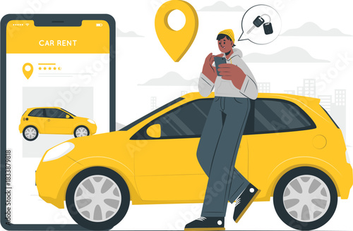 Man using phone to rent a yellow car with city background car rental transportation