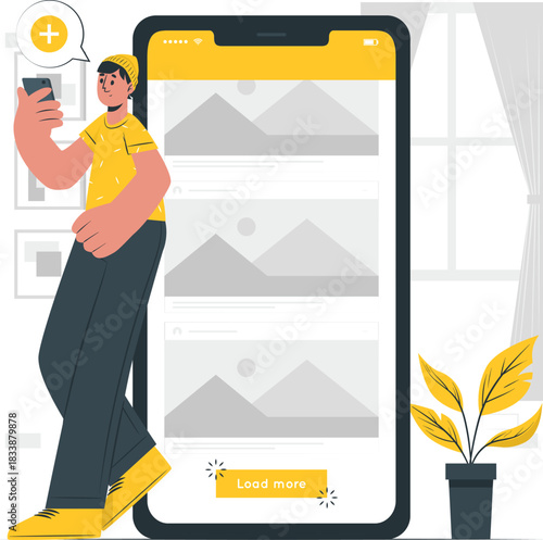 Man using smartphone to browse social media feed with load more button Keywords: man, smartphone
