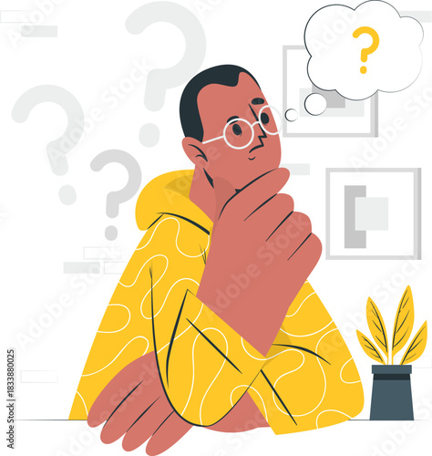Man with glasses thinking with question marks and plant confused