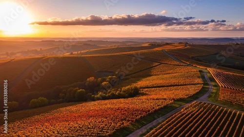 Golden Hour Aerial View of Rolling Agricultural Fields and Vineyards at Sunset.