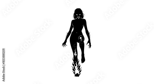 Mysterious Female Silhouette With Fire Effect and Clawed Hands Against White Background.jpg