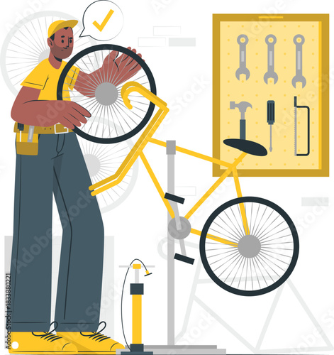 Mechanic repairing a bicycle wheel bike