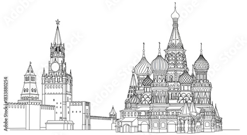 Moscow Skyline Sketch Kremlin Saint Basil's Cathedral Line Art Illustration Cityscape Architecture Design.jpg