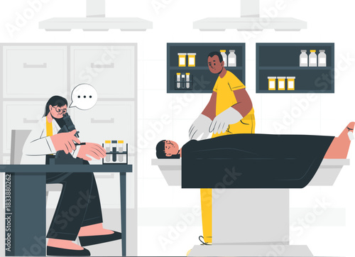 Medical laboratory scene with scientist and patient examination Keywords: medical, laboratory